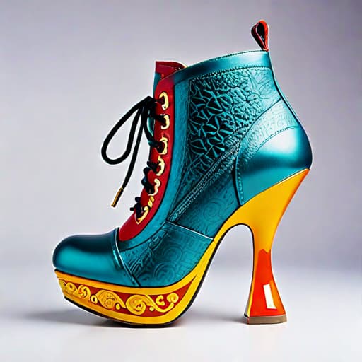  Create a photorealistic digital illustration of a women’s winter shoe with balanced parts, ornate soles, mid height platform heel, and covered in soft, luxurious textured materials. The art style should blend elements of Irregular Choice, Buffalo London, and Osamu Tezuka hyperrealistic, full body, detailed clothing, highly detailed, cinematic lighting, stunningly beautiful, intricate, sharp focus, f/1. 8, 85mm, (centered image composition), (professionally color graded), ((bright soft diffused light)), volumetric fog, trending on instagram, trending on tumblr, HDR 4K, 8K