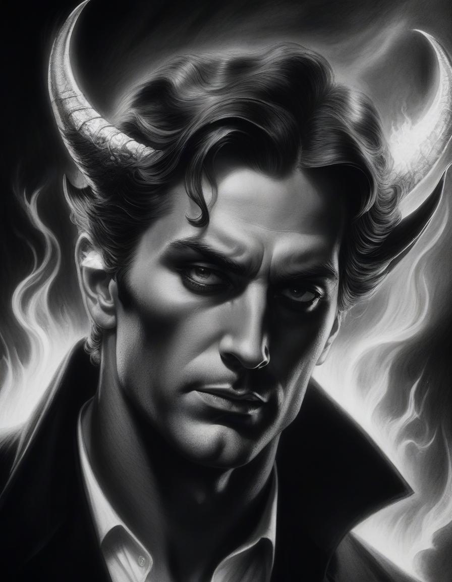  film noir style lucifer's face in close up, fiery tears flowing down his cheeks, black crown, fantasy, pencil drawing. . monochrome, high contrast, dramatic shadows, 1940s style, mysterious, cinematic