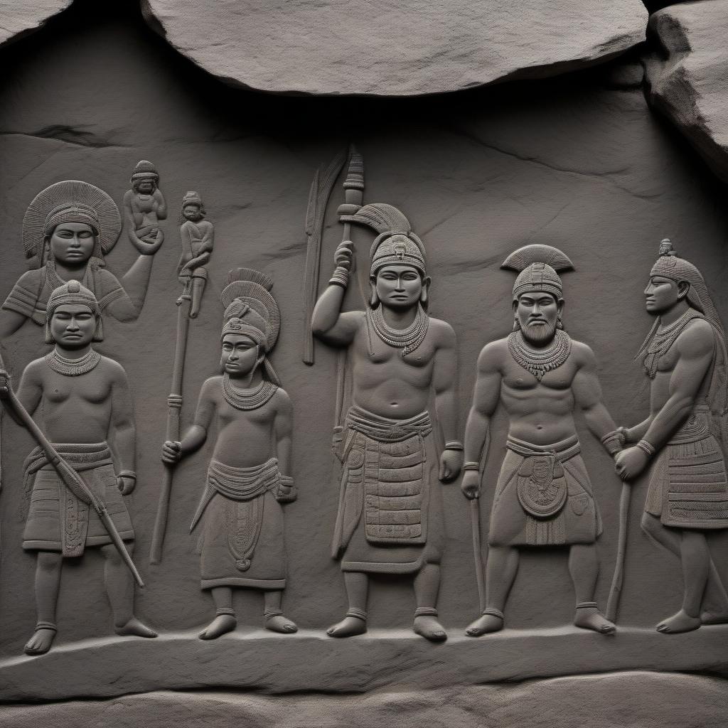  draw a black-and-white drawing on which four groups of people of a primitive tribe will be depicted separately from each other. / the first group is the leader and his guard of three people, they are located at the top right in the picture, the second group is a shaman with a tambourine in his hands and three elders with smoking pipes, they are located at the top left in the picture, the third group is members of the tribe, there are twelve of them, these are warriors and women with children, they are located in the center of the picture, the fourth group is the beggars, there are three of them, they are squatting, they are located at the bottom right of the picture. / the drawing is stylized as cave paintings of ancient people, but it sho