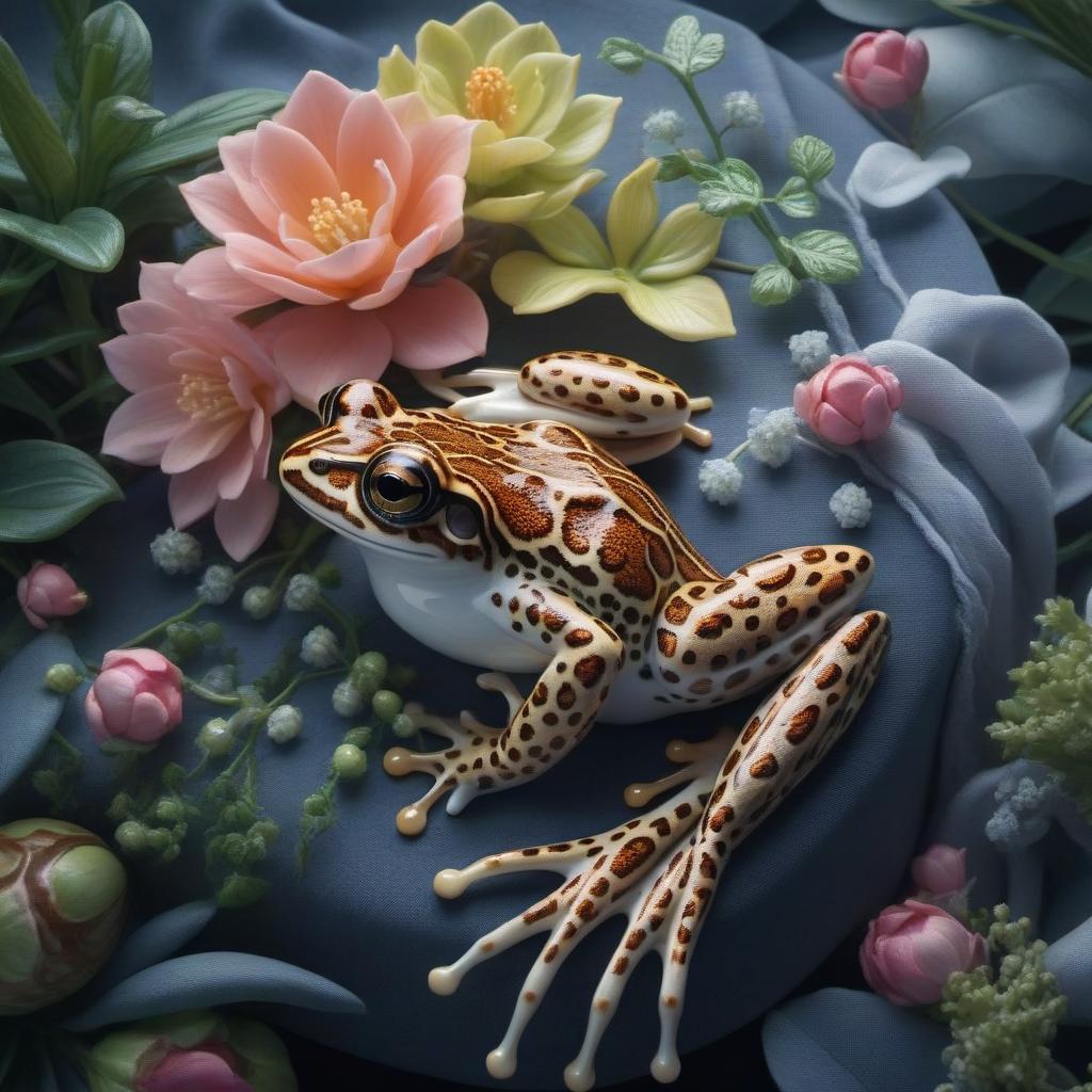  Still life with a beautiful porcelain frog. hyperrealistic, full body, detailed clothing, highly detailed, cinematic lighting, stunningly beautiful, intricate, sharp focus, f/1. 8, 85mm, (centered image composition), (professionally color graded), ((bright soft diffused light)), volumetric fog, trending on instagram, trending on tumblr, HDR 4K, 8K