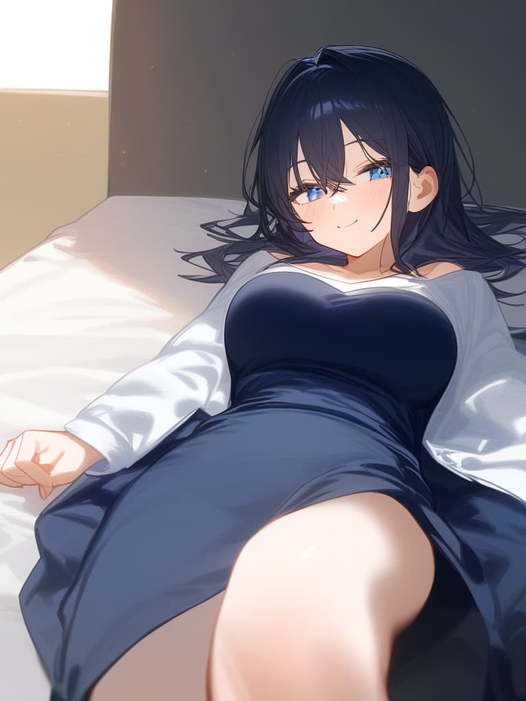  girl,long dark blue hair,bunny girl clothes,lying on the bed,facing towards you,black and blue eyes,left leg bent towards the hip,smiling naughtily