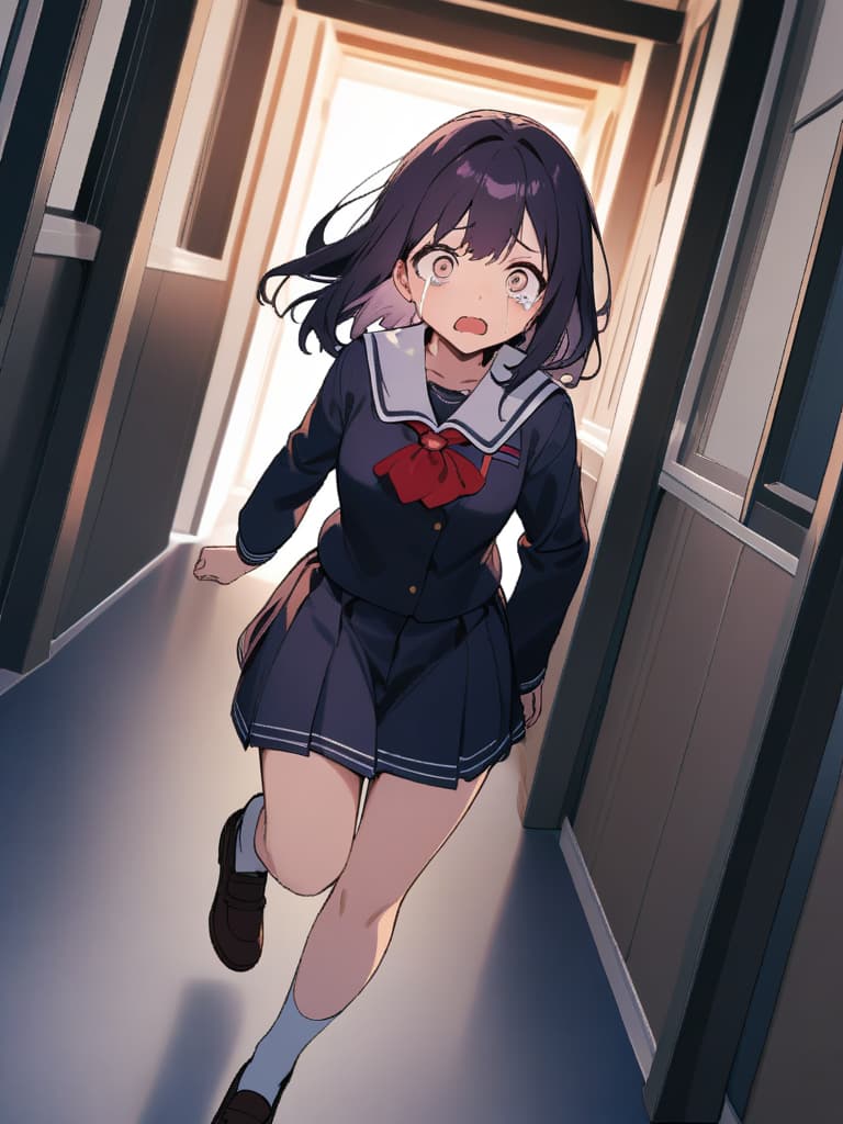  ultra detailed:1.2,masterpiece:1.2,best quality,masterpiece,bestquality,hdr:1.1,8k:1.1,very cute girl:1.3,(dark purple hair:1.3)(black school uniform,red ascot:1.4)((from front,full body:1.4))((running at school:1.6)),(scared,tears:1.3),(being chased by zombies:1.4)((school hallway:1.7))(from above,dutch angle:1.6)