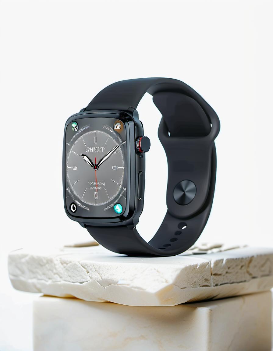  smart watch on white stone, light background, stone as a stand for demonstrating watches, film photography style