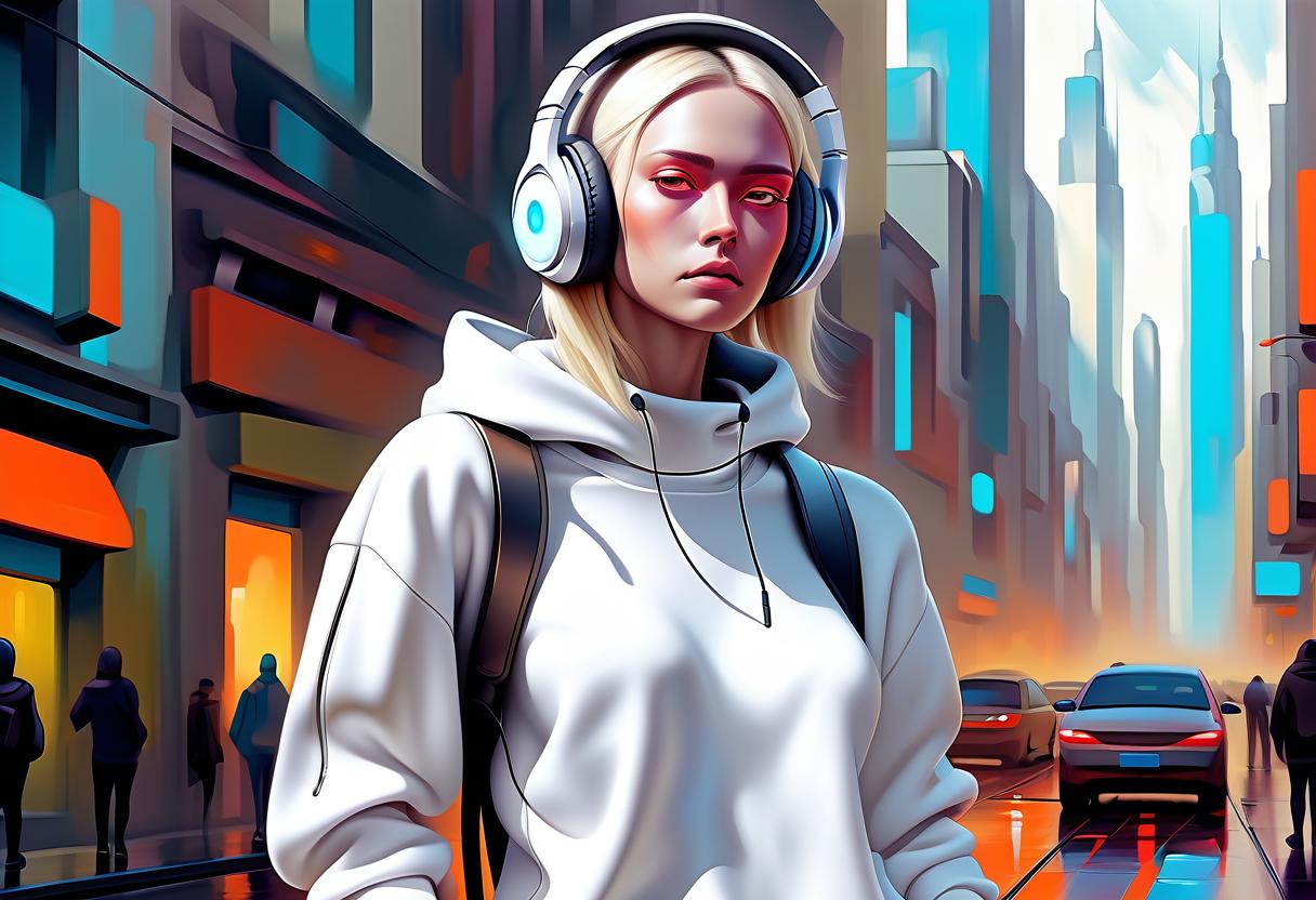  create a futuristic abstract robot from the future, female, in full size headphones, in ordinary city clothes, white sweater, civitai, oil painting