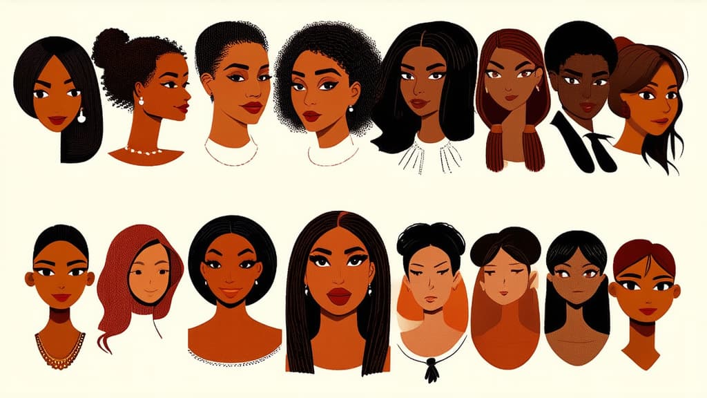  flat illustration, flaticon, (illustration:1.15), different beauty. set of different female heads. different races and nationalities. colored hand drawn illustration ar 16:9, [cory loftis, strobist, pascal campion :: 0.2]