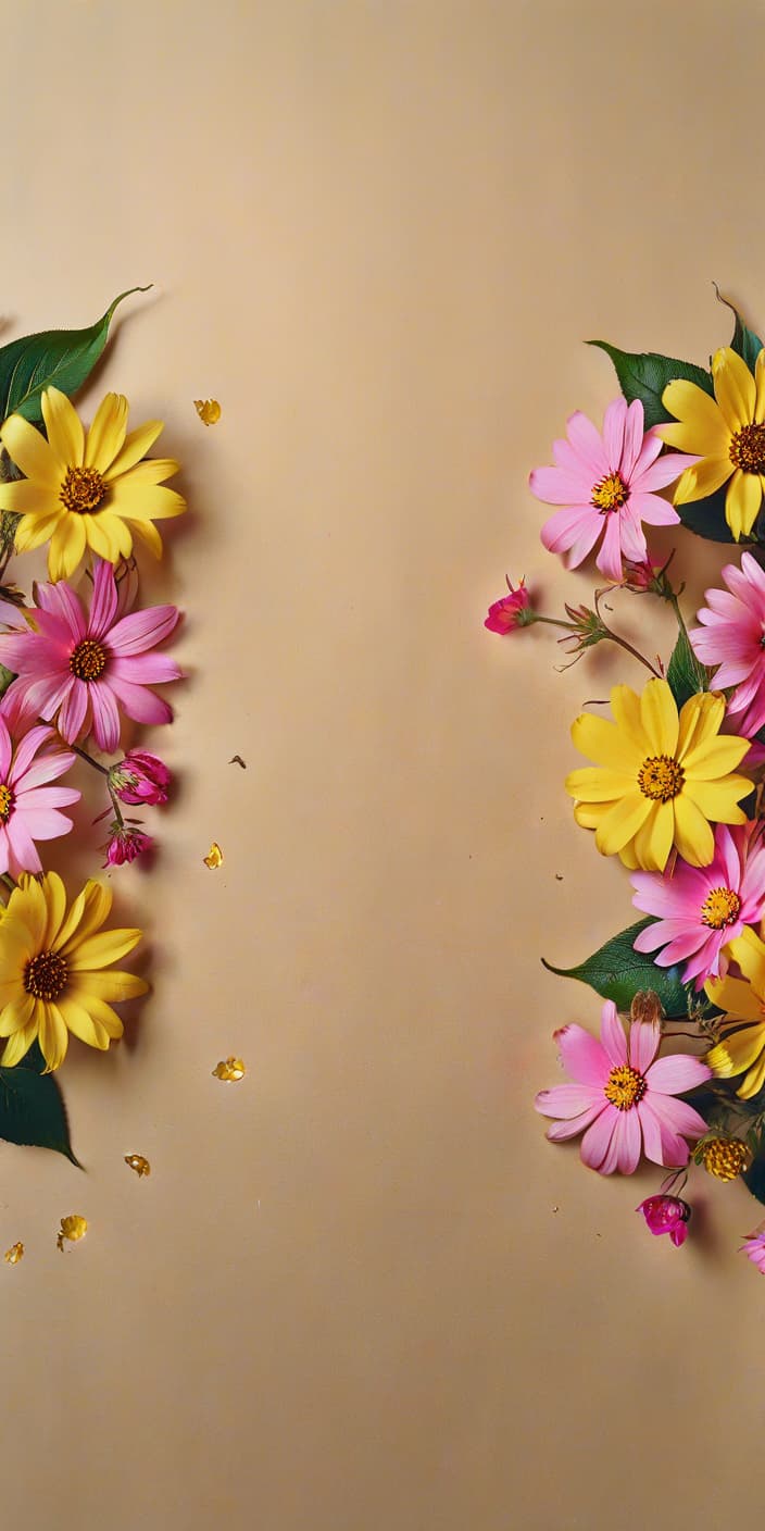  hyperrealistic art small scattered against the background bright flowers of yellow and pink, without leaves, on a golden beige background . extremely high resolution details, photographic, realism pushed to extreme, fine texture, incredibly lifelike, film photography style