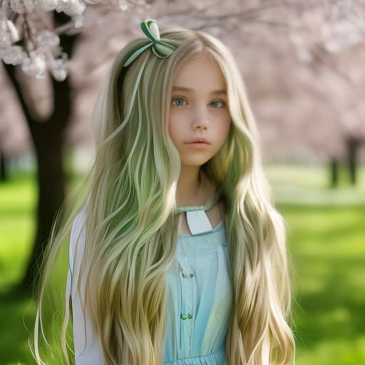  girl blonde, hairstyle horsetail, green ribbon in hair, spring, flowering trees