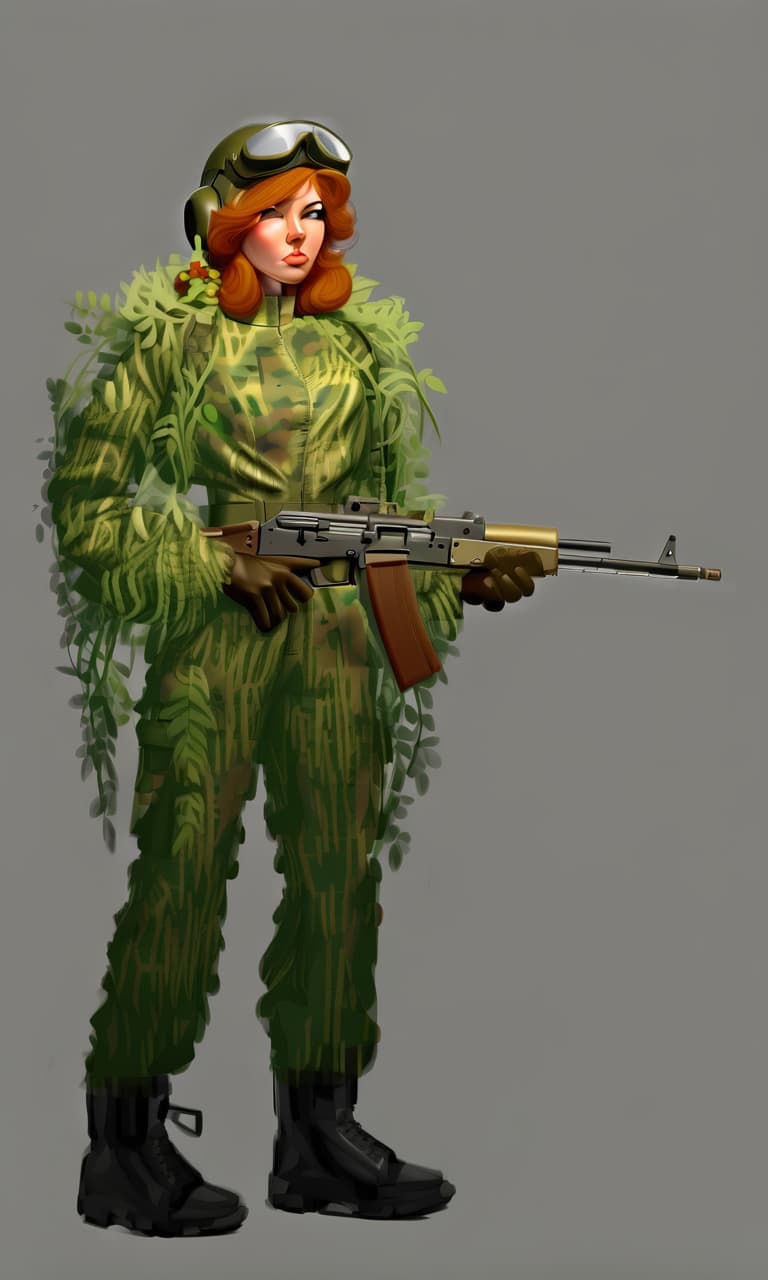  please make detailed render of women in camouflage suit with machine gun in hands and a pilot's helmet on her head