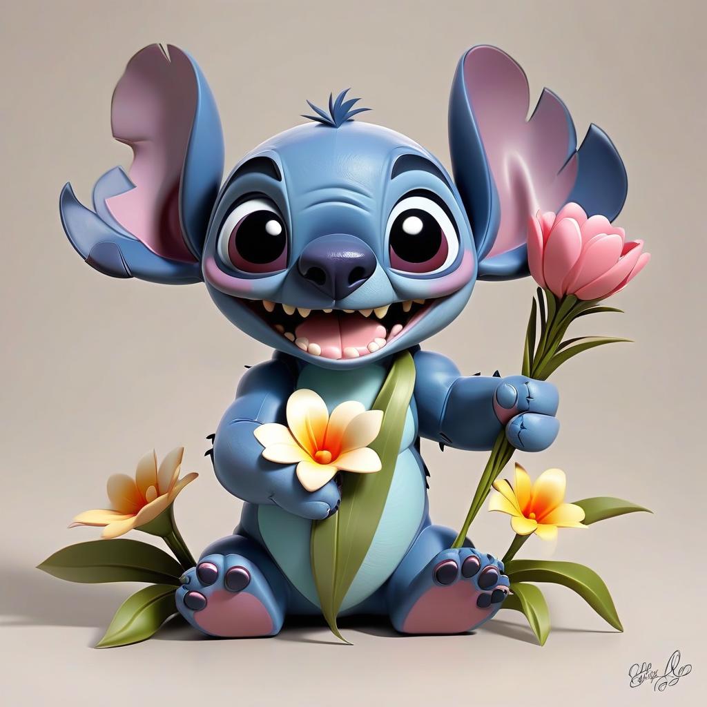  stitch from the cartoon lilo and stick with a bouquet of flowers in the paws