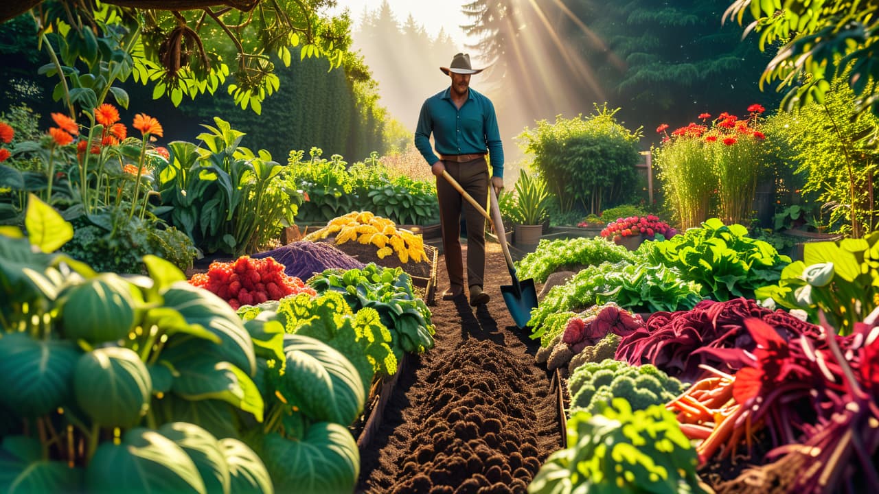  a vibrant vegetable garden bed, rich dark soil being turned with a spade, surrounded by colorful compost piles, bags of organic fertilizer, and a variety of seeds, with sunlight filtering through leafy trees above. hyperrealistic, full body, detailed clothing, highly detailed, cinematic lighting, stunningly beautiful, intricate, sharp focus, f/1. 8, 85mm, (centered image composition), (professionally color graded), ((bright soft diffused light)), volumetric fog, trending on instagram, trending on tumblr, HDR 4K, 8K