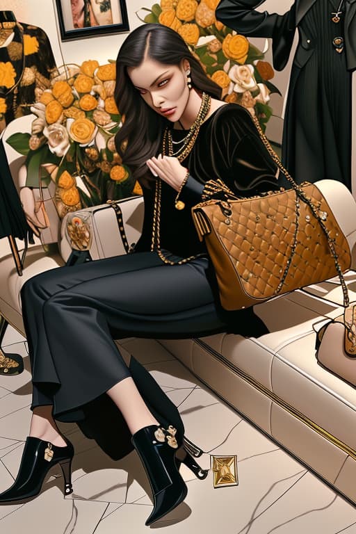  A fall leaves and color scheme aesthetic background with multiple luxury designer bags like Chanel, Hermes, Louis Vuitton, Gucci, and Prada on display