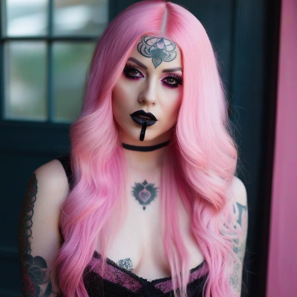  4 age women,full body shot portrait horrifying scary pale long pink hair ,full white eyes, black lips, black dripping eyeshadow tattoos,in pink cotton with pink trim