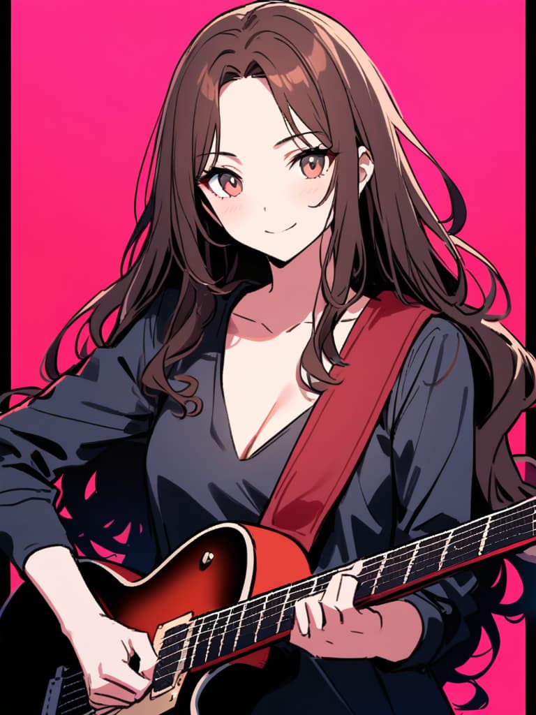  (beautiful girl:1.5){rock band girl:1.5}(brown hair:1.5)(long hair:1.7)(wavy hair:1.5)(with a electric guitar:1.7){red leather jacket:1.5}{smile}{play guitar happily:1.7} {upper body} master piece,high quality,16k,super analysis,correct fingerposition,correct index