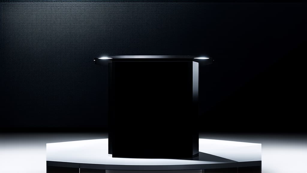  a realistic black of a podium, the podium should have an elegant geometric form , high quality acrylic textures, diffused lighting to accentuate the gloss and depth of the glass texture, realistic reflections and highlights on the podium's surface to give it a sense of depth and three dimensionality, the background should be contain abstract elements that do not distract from the podium, adding abstract objects to create context around the podium, photorealistic, highly detailed, ray tracing и global illumination ar 16:9 {prompt}, maximum details