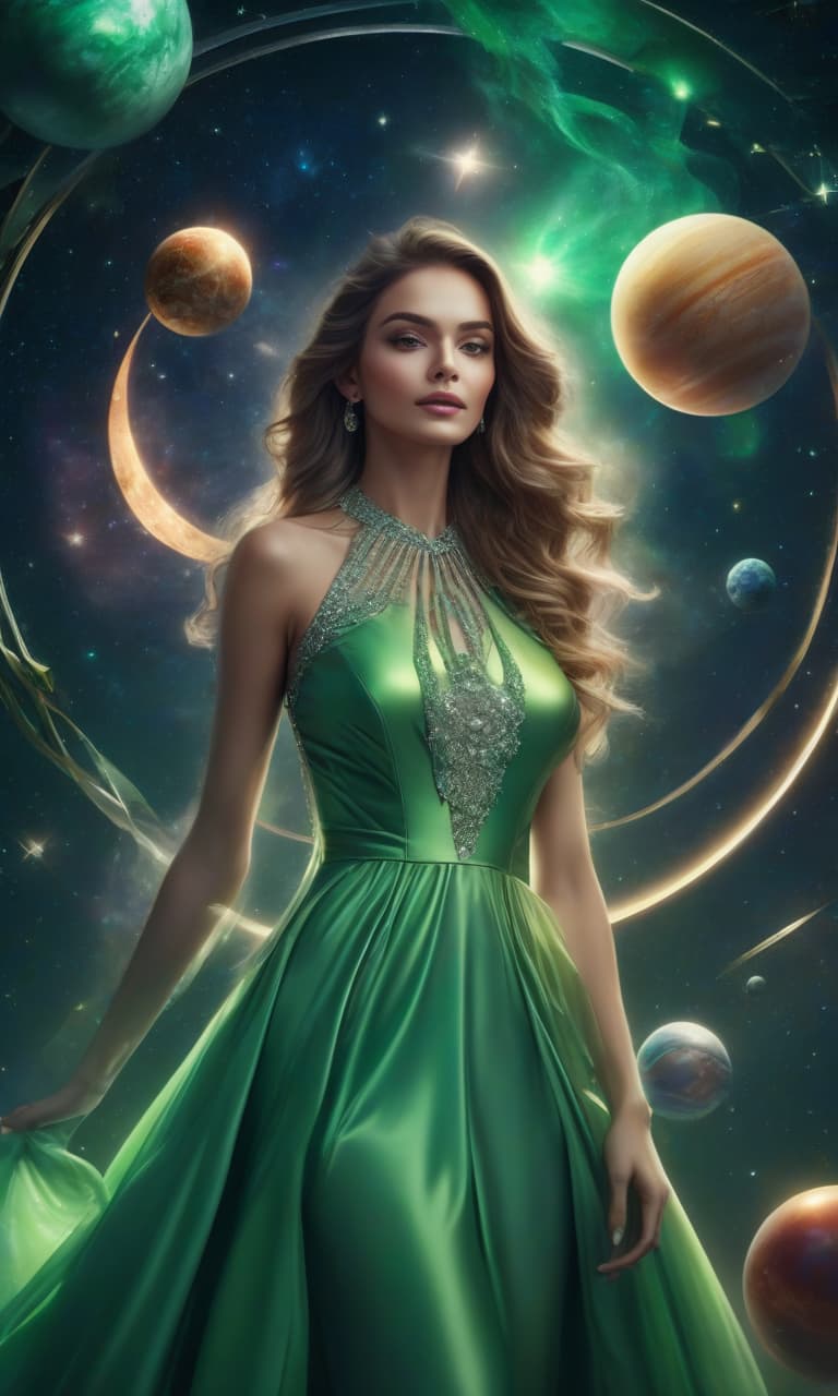  beautiful woman in a chic dress, with decorations. against the background of stars and planets, around a green aura, 4k, realistically