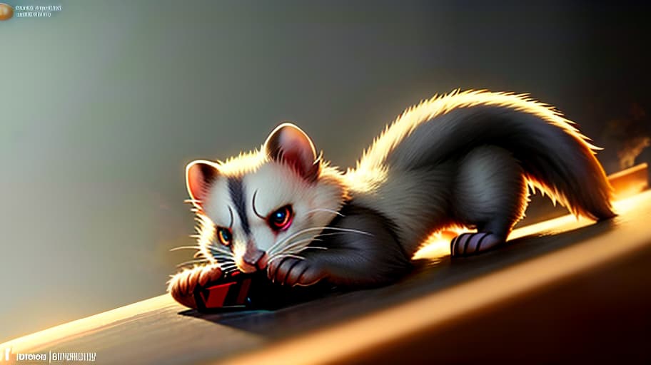  A ferret plays video games. hyperrealistic, full body, detailed clothing, highly detailed, cinematic lighting, stunningly beautiful, intricate, sharp focus, f/1. 8, 85mm, (centered image composition), (professionally color graded), ((bright soft diffused light)), volumetric fog, trending on instagram, trending on tumblr, HDR 4K, 8K