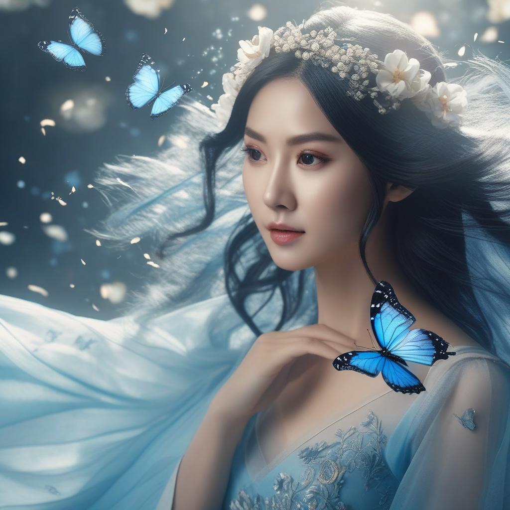  masterpiece, best quality, (Fidelity: 1.4), Best Quality, Masterpiece, Ultra High Resolution, Poster, Fantasy Art, Very Detailed Faces, 8k resolution, Chinese Style, An woman, Side Face, Quiet, Light Blue Hanfu, Tulle Coat, Long Black Hair, Light Blue Fringed Hair Ornament, Hairpin, White Ribbon, White Flower Bush, Light Blue Butterfly Flying, cinematic lighting effects