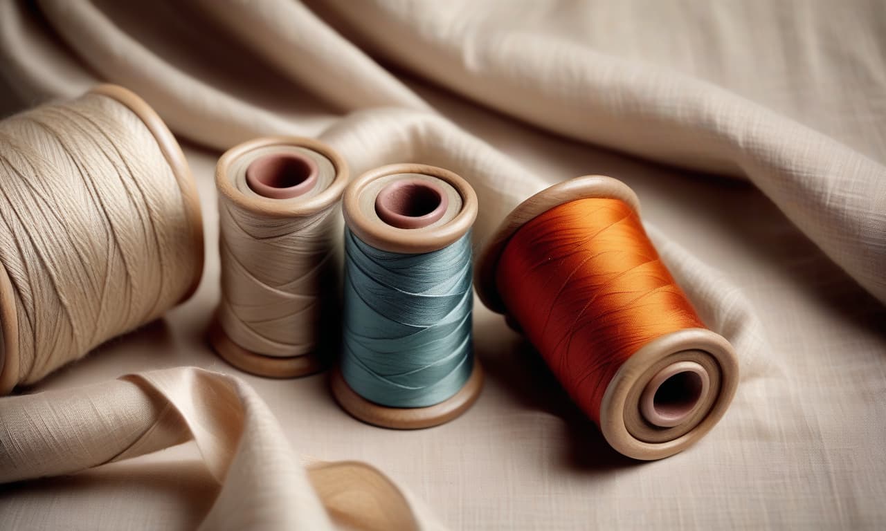  realistic photography, still life, top view, {natural linen fabric with soft folds on which ((two ))spools of sewing thread lie on the right side}. soft diffused daylight. the spools of thread are (((realistic))) and have the correct shape.