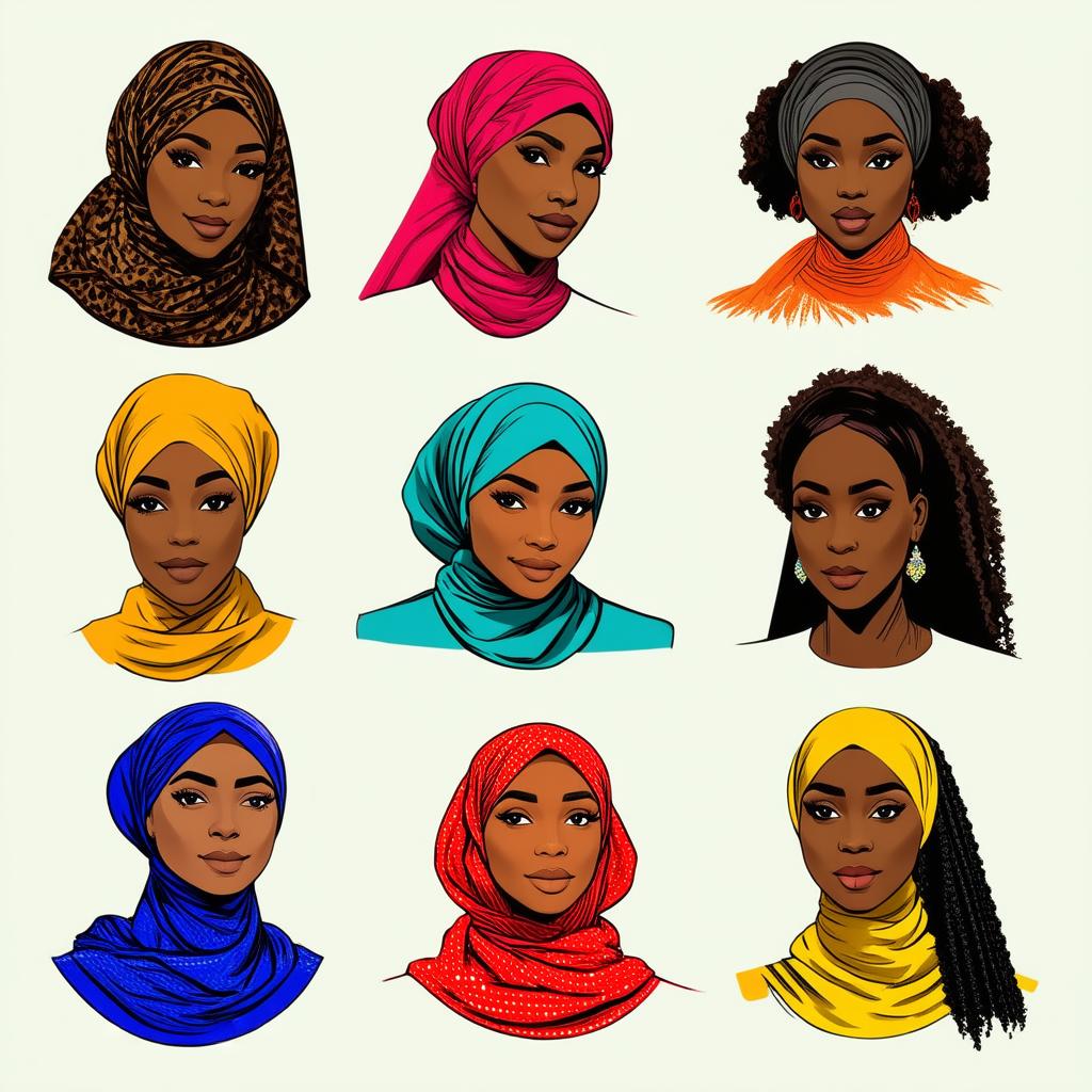  different beauty. set of different female heads in headscarf. different races and nationalities. colored hand drawn illustration {prompt}, maximum details