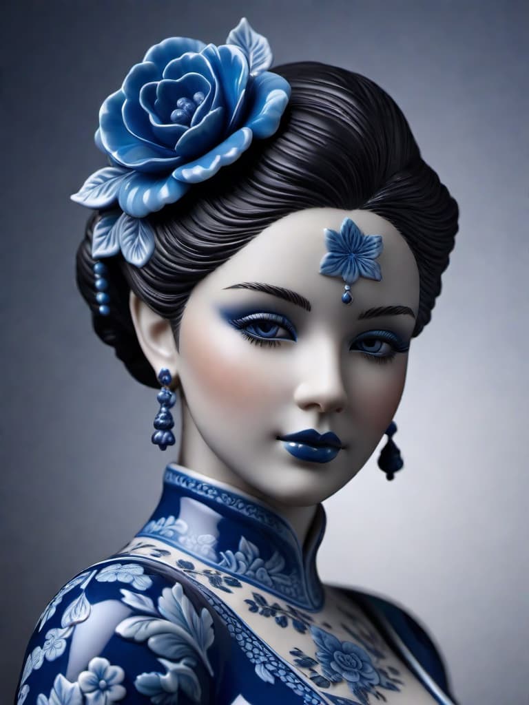  Close-up porcelain female figurine, looking to the camera, glossy surface, glaze, shiny, blue floral tattoos on her, dark gradient background, baroque dark style, hyperrealistic, CG society, intricate details