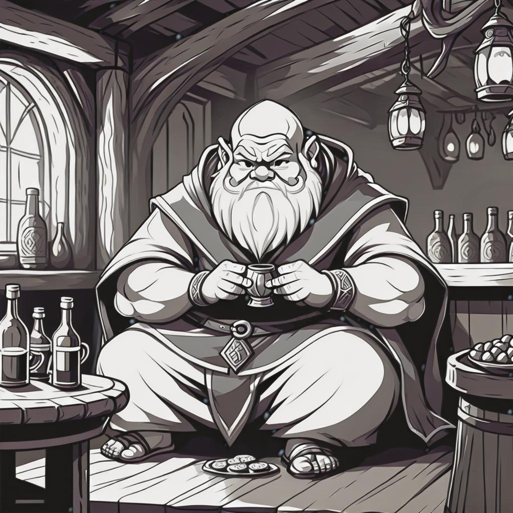  line art drawing dwarf monk in tavern, dnd, same nightmare. anime style . professional, sleek, modern, minimalist, graphic, line art, vector graphics