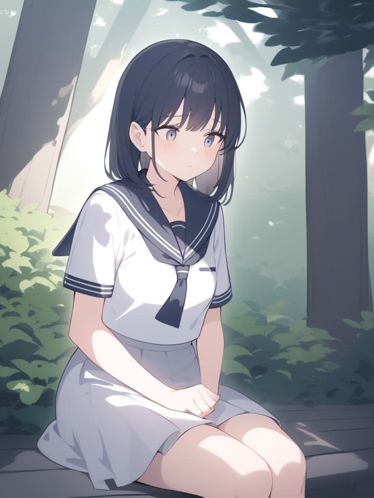  a detailed digital ilration of a shy,gles wearing girl in a high uniform,sitting with her close to her . she has long,dark hair that frames her face,and her expression shows a hint of hesitation or nervousness as she looks away. the girl is wearing a traditional navy blue sailor uniform with a ,and the setting is a peaceful,sunlit area,with soft,dappled sunlight filtering through the trees,casting a calming glow around her. the background is blurry,giving a dreamlike atmosphere that contrasts with her more reserved posture. she should be holding her gles or adjusting them nervously,adding to the timid yet cute appearance. the color palette should emphasize natural lighting,soft shadows,and a calm,introspecti