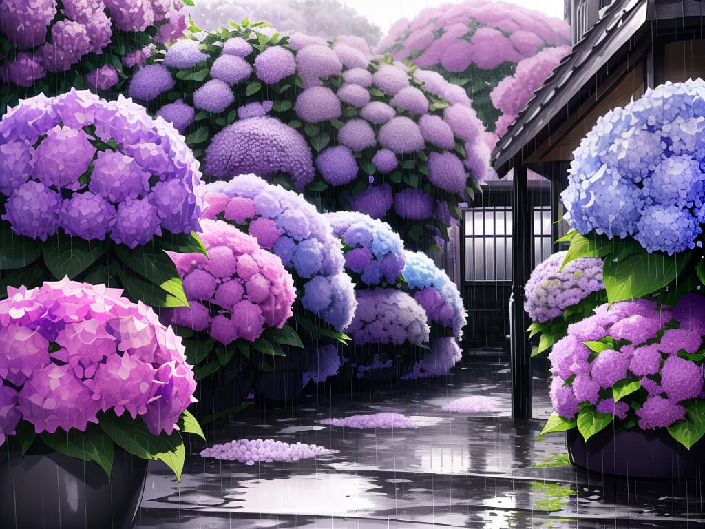  background of monochrome, (rainy city), purple hydrangea, realistic, clear purple, hydrangea blooming in flower beds, [town]+