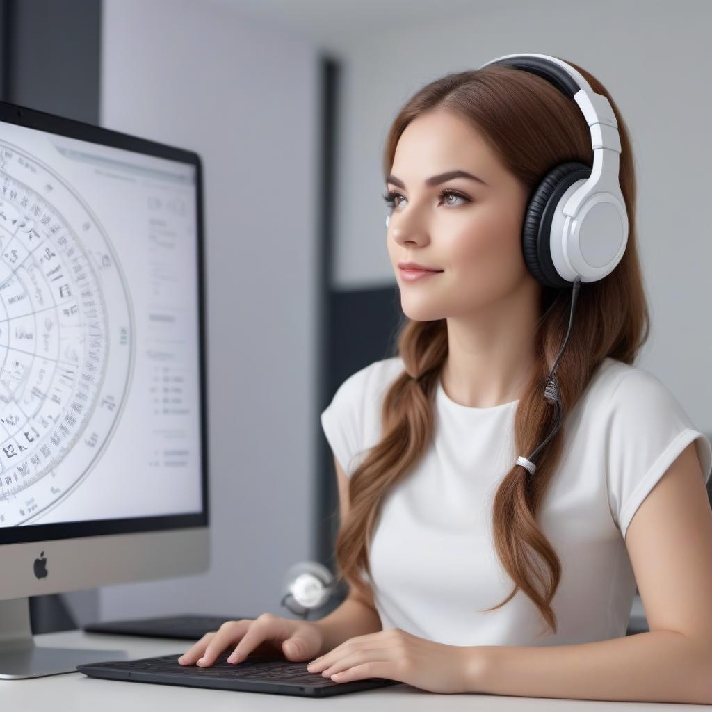  Astrology lesson online on a computer monitor. Negotiations via Skype. Headphones and microphone on the girl.The astrolabe. Joy.