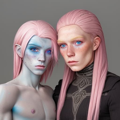  a nordic looking humanoid with extremely and appearance, with a old appearance. , with s, pink hair, blue eyes, and freckles.