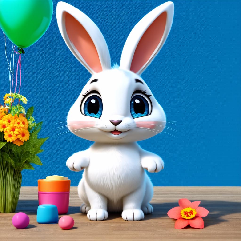  big head, big eyes, caricature, a caricature, rendering, (figurativism:0.8), draw a bunny for a in a with flowers and balloons, epic realistic, pixar style, disney, (cycles render:1.3), caustics, (glossy:0.58), (artstation:0.2), cute