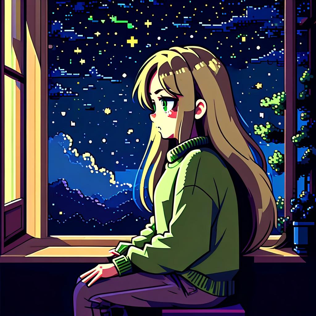  pixel art the girl in the anime style with long hair sits in front of the window at night wearing a khaki sweater and pants. the girl looks out the window at the starry sky of the night with black lower eyelids under the eyes of a specific color full of fear of the unknown and curiosity. she pulls her hand up towards the night sky. . low res, blocky, pixel art style, 8 bit graphics