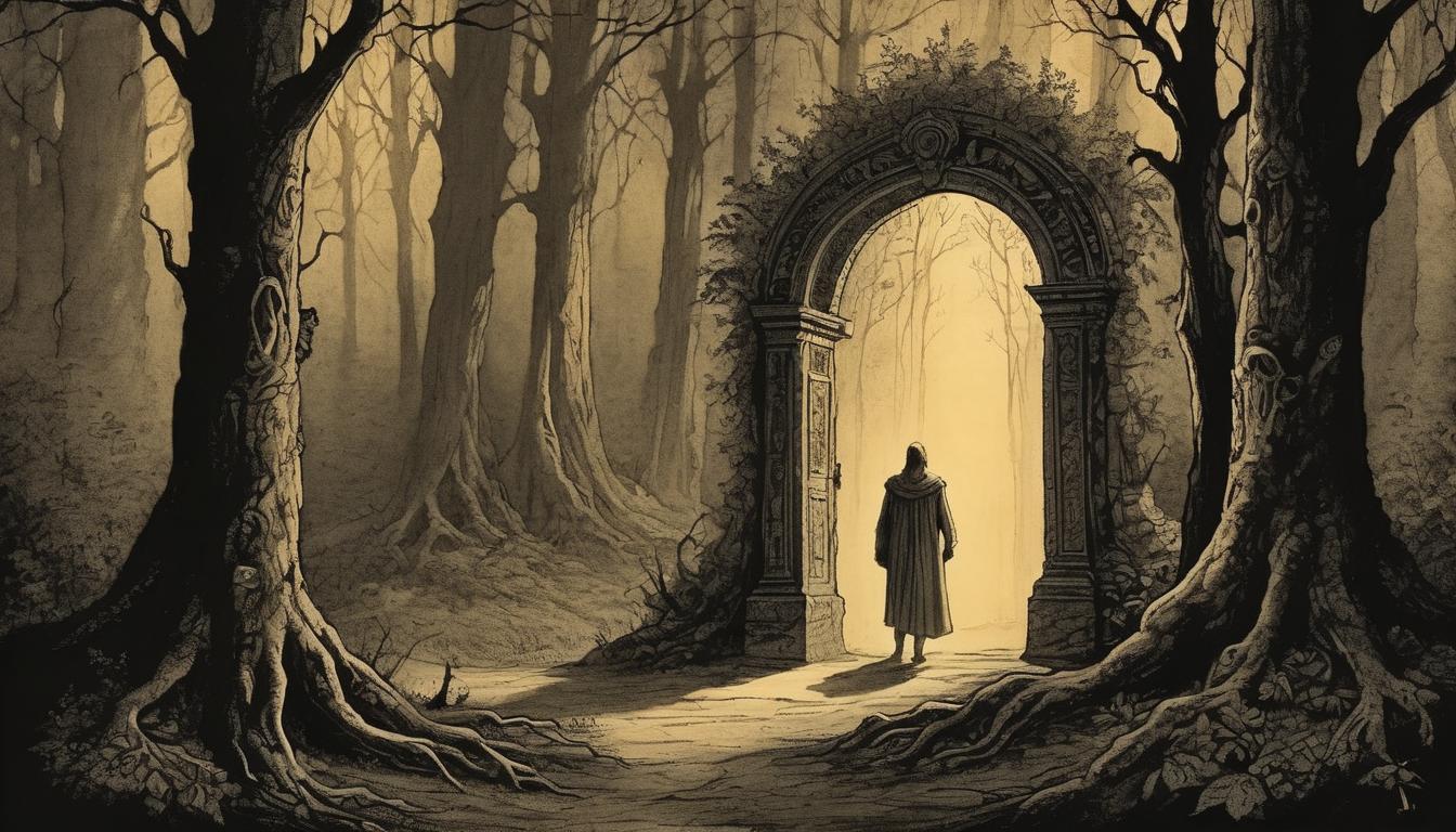  on parchment, surrealism++, ancient doorway half open in a mystical forest, eerie glow emanating from within, shadows of figures stepping through, sense of anticipation and unknown, dark, captivating ambiance(mysterious, provocative, symbolic)++