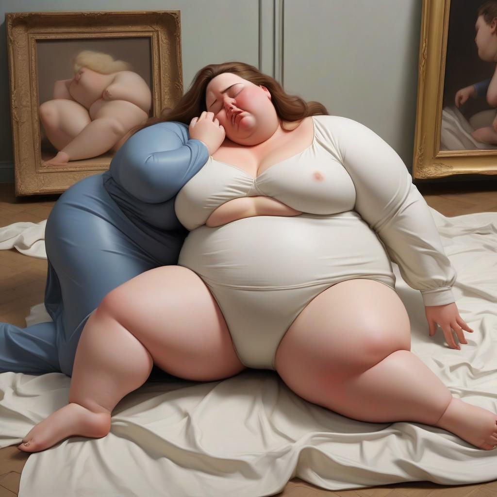  the fat model fainted, posing for the artist, and lies unconscious. the artist is trying to bring her to her senses.