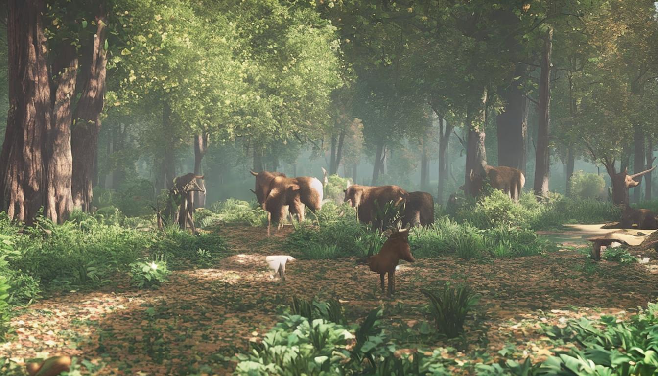  beautiful forest with animals near the lake, highres, octane render, cinematic lighting, high quality