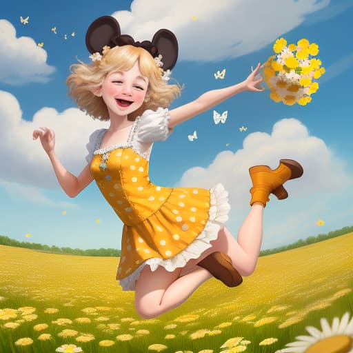  🌼Ромашковый луг🌼 funny art, a spotted cow is jumping and rejoicing in a chamomile field, a joyful atmosphere, lots of happiness, in disney style, butterflies are flying around.