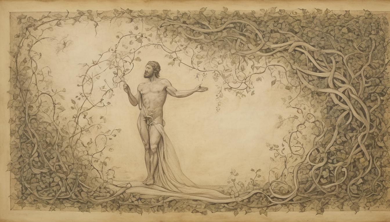  on parchment, surrealism++, enclosed vines wrapping around an ethereal figure, vines tight and confining, figure luminous, struggling against the constraints, constriction, tension, inner strength(mysterious, provocative, symbolic)++