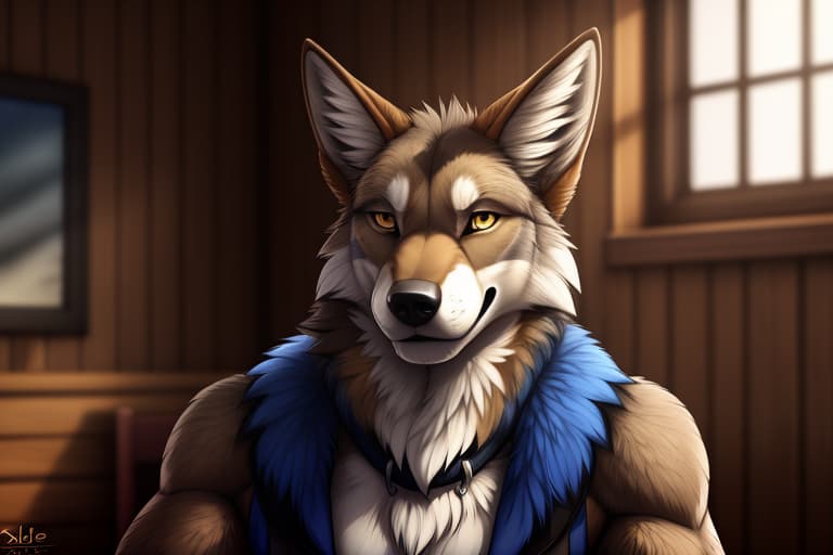  By xenoforge, by Clyde wolf, absurd res, detailed, inside, anthro, canid, coyote, brown body, brown fur, blue fur, yellow eyes, on chair, looking at viewer,, open eyes, digital art, masterpiece, 4k, fine details,