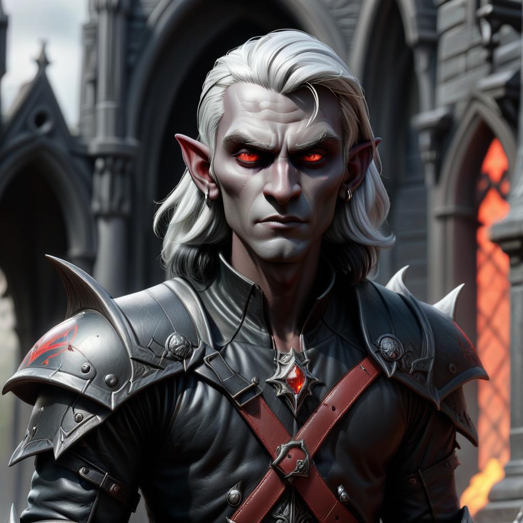  macabre style drow male elf cleric, graphite color skin, red eyes, silver medium haircut, black leather armor, mace, impudent arrogant rude grimace, travelers shoulder bag, dark cathedral background . dark, gothic, grim, haunting, highly detailed, civitai