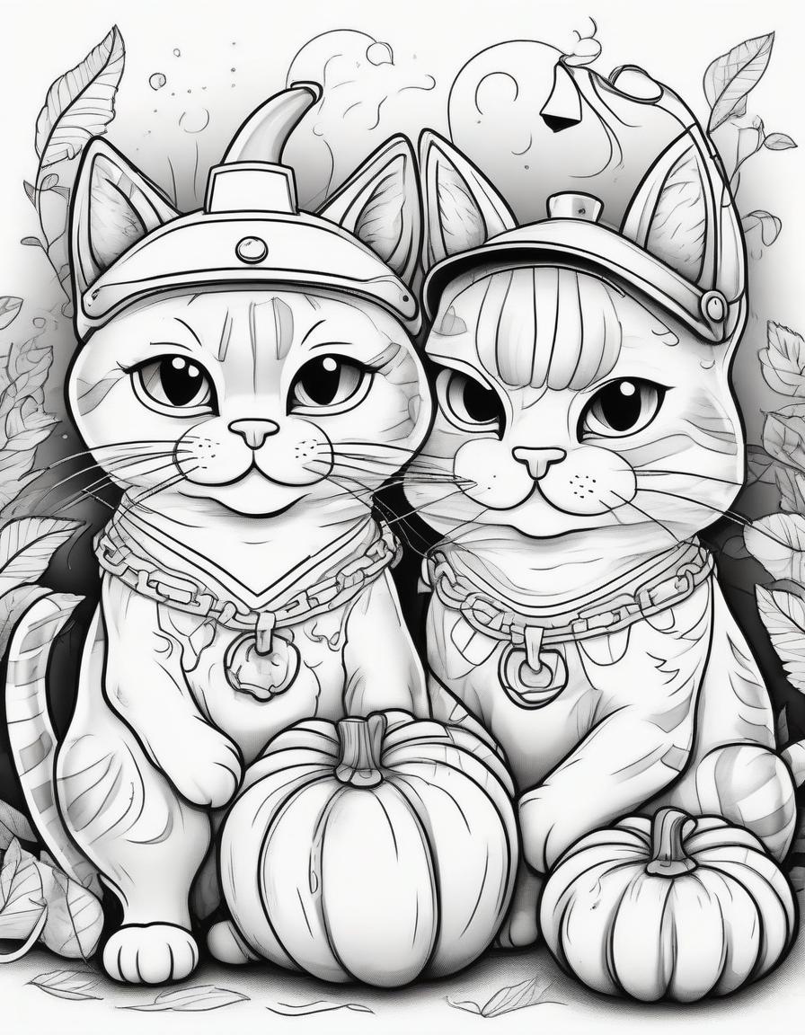  black and white coloring page in procreate style, 2d cartoon style, with the image of two funny cats, one standing, the other sitting next to them. on their heads, like helmets, are pumpkins. halloween atmosphere.