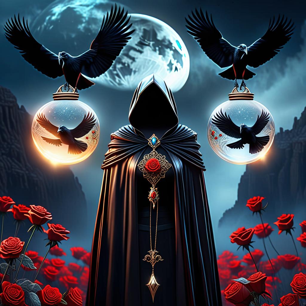  best quality, hd, a blend of two powerful magical women, one wearing a dark hat adorned with intricate roses and jewelry, and the other in a hooded cloak with a glowing orb in her hands. the two figures merge together, creating a surreal composition where the hat and jewelry of the first character flow into the mystical, glowing elements of the second character's cloak and orb. the atmosphere is mystical, with dark tones and ethereal light blending around them, with ravens flying in the background, a full moon, and magical energy flowing between them. hyperrealistic, full body, detailed clothing, highly detailed, cinematic lighting, stunningly beautiful, intricate, sharp focus, f/1. 8, 85mm, (centered image composition), (professionally color graded), ((bright soft diffused light)), volumetric fog, trending on instagram, trending on tumblr, HDR 4K, 8K