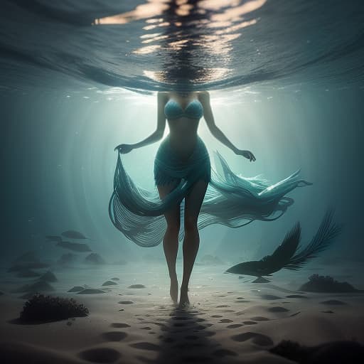  A girl walks barefoot on the sand under the water around beautiful seaweed and fish. hyperrealistic, full body, detailed clothing, highly detailed, cinematic lighting, stunningly beautiful, intricate, sharp focus, f/1. 8, 85mm, (centered image composition), (professionally color graded), ((bright soft diffused light)), volumetric fog, trending on instagram, trending on tumblr, HDR 4K, 8K