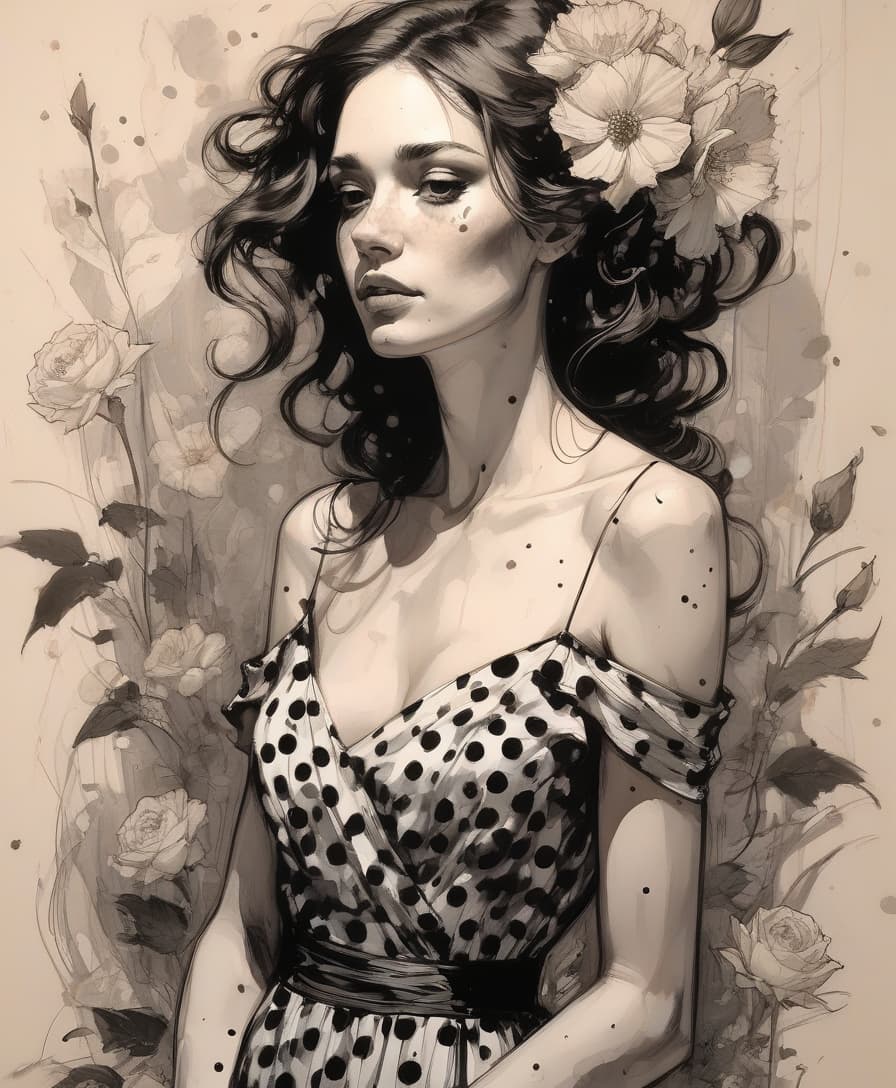  drawing beautiful woman , dramatic light, with a black polka dot dress, flowers, stunning, realistic, by abigail larson, carne griffiths.