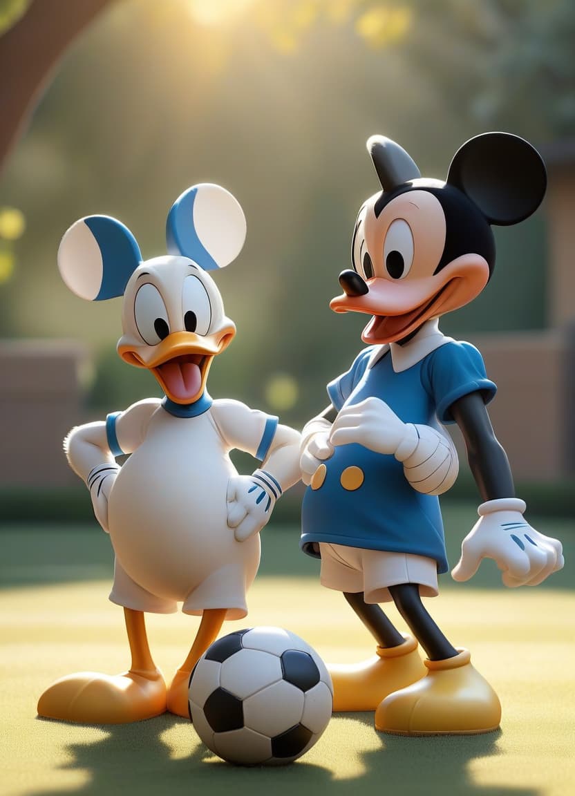  images of cartoon donald duck and mickey mouse playing with a football ball, white light at sunny noon,