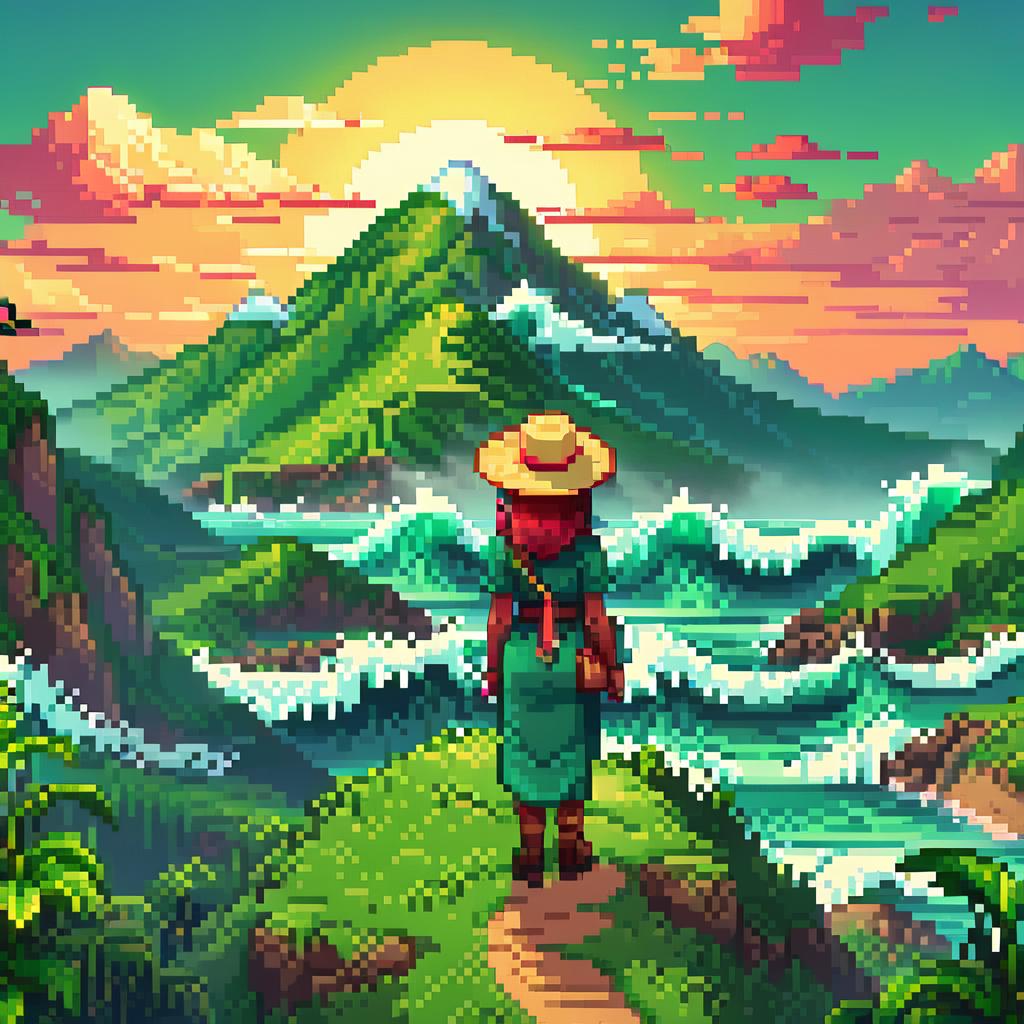  pixel art butomi, on the back of the mountains with waves, big tea, big sunset, sunlight, green blue picselart . low res, blocky, pixel art style, 8 bit graphics hyperrealistic, full body, detailed clothing, highly detailed, cinematic lighting, stunningly beautiful, intricate, sharp focus, f/1. 8, 85mm, (centered image composition), (professionally color graded), ((bright soft diffused light)), volumetric fog, trending on instagram, trending on tumblr, HDR 4K, 8K