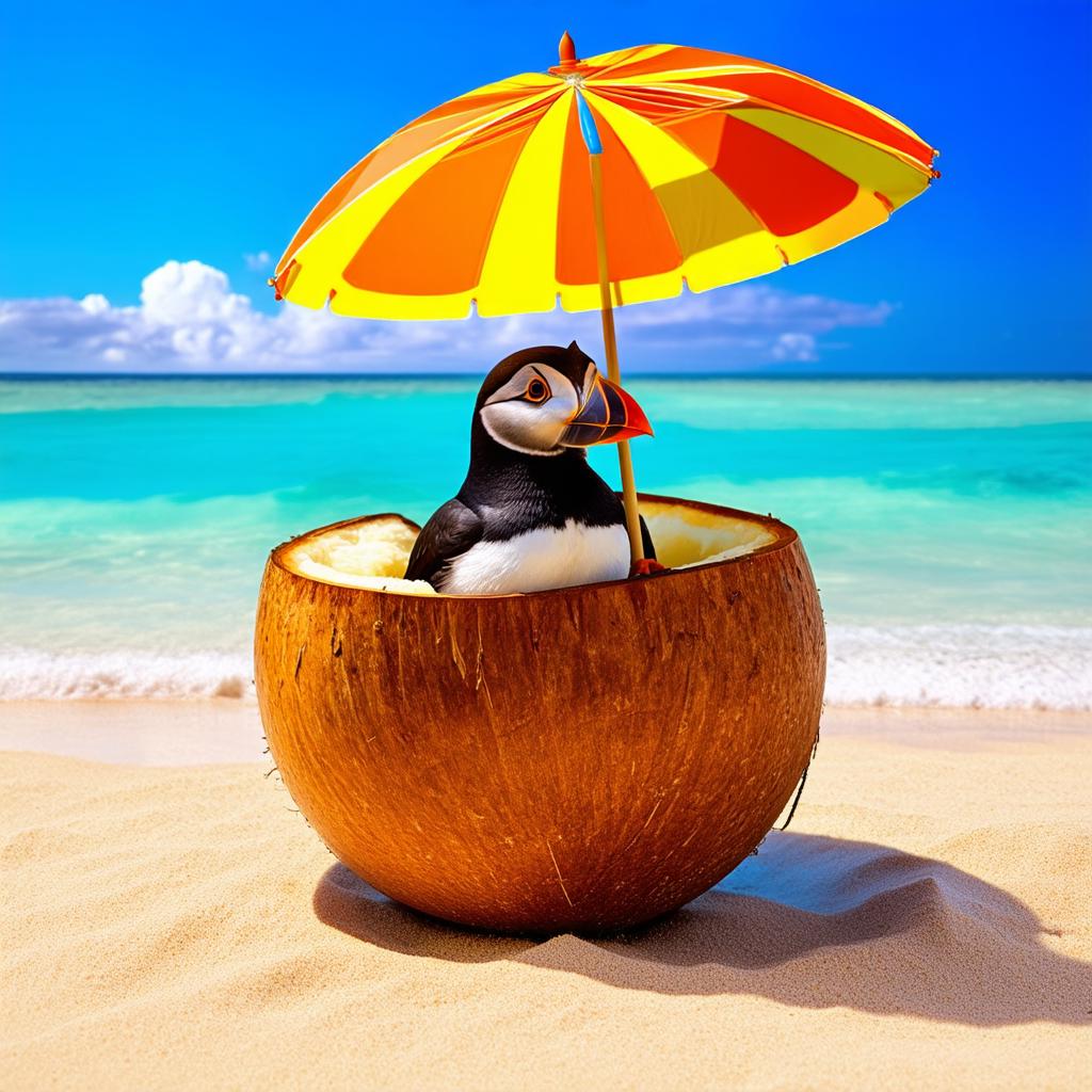  a whimsical and vibrant scene featuring a puffin sitting inside half of a coconut shell on a sandy beach. the puffin is holding an orange and yellow striped umbrella, giving the impression that it is lounging like a person would on vacation. the background includes a serene ocean under a sky with clouds illuminated by what appears to be sunset lighting. this image is interesting due to its anthropomorphic portrayal of the puffin in human like leisure activity, which adds an element of humor and fantasy. {prompt}, maximum details