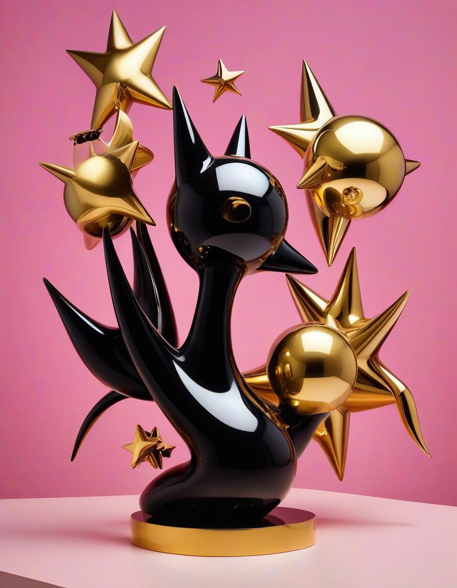  space themed score 9, score 8, (score 7:0.5), (score 6:0.5), score 6 up, score 7 up jeff koons black and gold surreal minimal fantasy animal sculpture, pink background 💜💜💜 (thanks venya minchin) . cosmic, celestial, stars, galaxies, nebulas, planets, science fiction, highly detailed