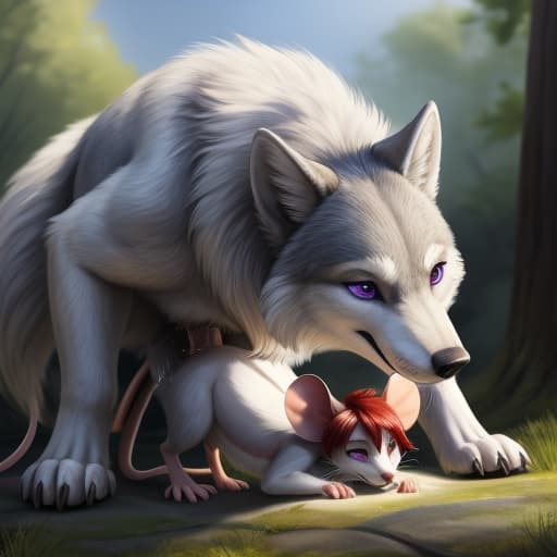  3 characters, Feral wolf, white and silver fur, purple eyes, knotted , highest detail, small anthro mouse, white fur, size difference, smallest body, white mouse, red hair, purple eyes, all fours, anal penetration, , backpack, mouse father watching humanoid in hand. Feral wolf penetrating anthro mouse. . Male/male., open eyes, digital art, masterpiece, 4k, fine details,