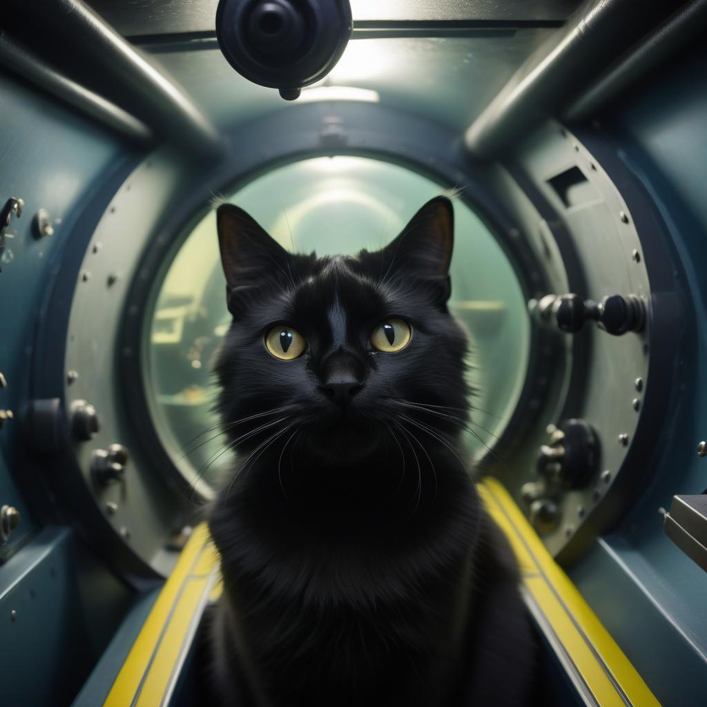  a furry black cat looks into the periscope in a submarine