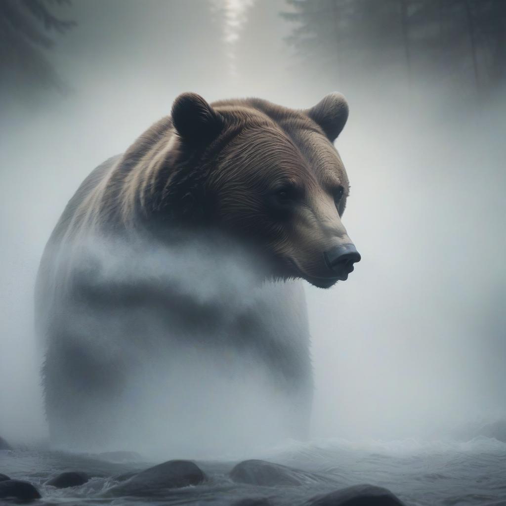  double exposure, outline silhouette of a bear's head in the fog, misty foggy eyes, charcoal, inside the silhouette is a river rapids with salmon swimming upstream and jumping from the water, ethereal mist, blur