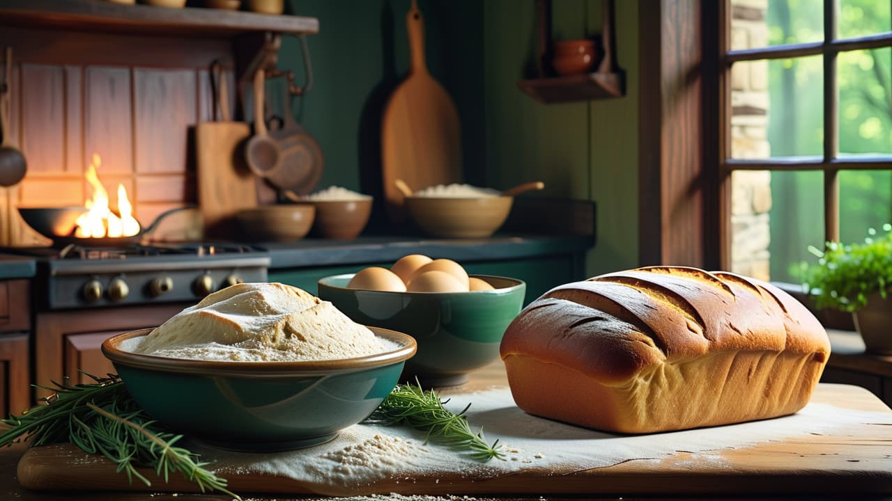  a rustic kitchen scene featuring a wooden table with flour, a bowl of dough rising, fresh yeast blocks, and a nearby loaf of golden brown bread cooling on a wire rack, surrounded by green herbs. hyperrealistic, full body, detailed clothing, highly detailed, cinematic lighting, stunningly beautiful, intricate, sharp focus, f/1. 8, 85mm, (centered image composition), (professionally color graded), ((bright soft diffused light)), volumetric fog, trending on instagram, trending on tumblr, HDR 4K, 8K